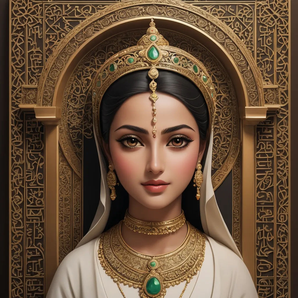 a painting of a woman wearing a gold head piece and a green necklace and earrings with a gold frame, qajar art, a photorealistic painting, Amir Zand, highly detailed digital painting