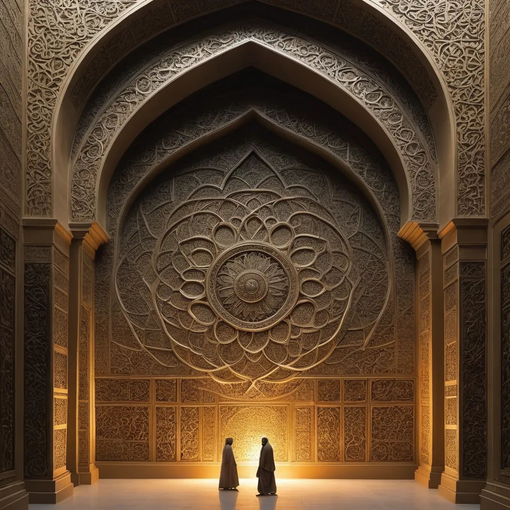 two people standing in a large room with a decorative wall and archways in the background, with a light shining through the doorway, light and space, a detailed matte painting, Chris LaBrooy, intricate environment