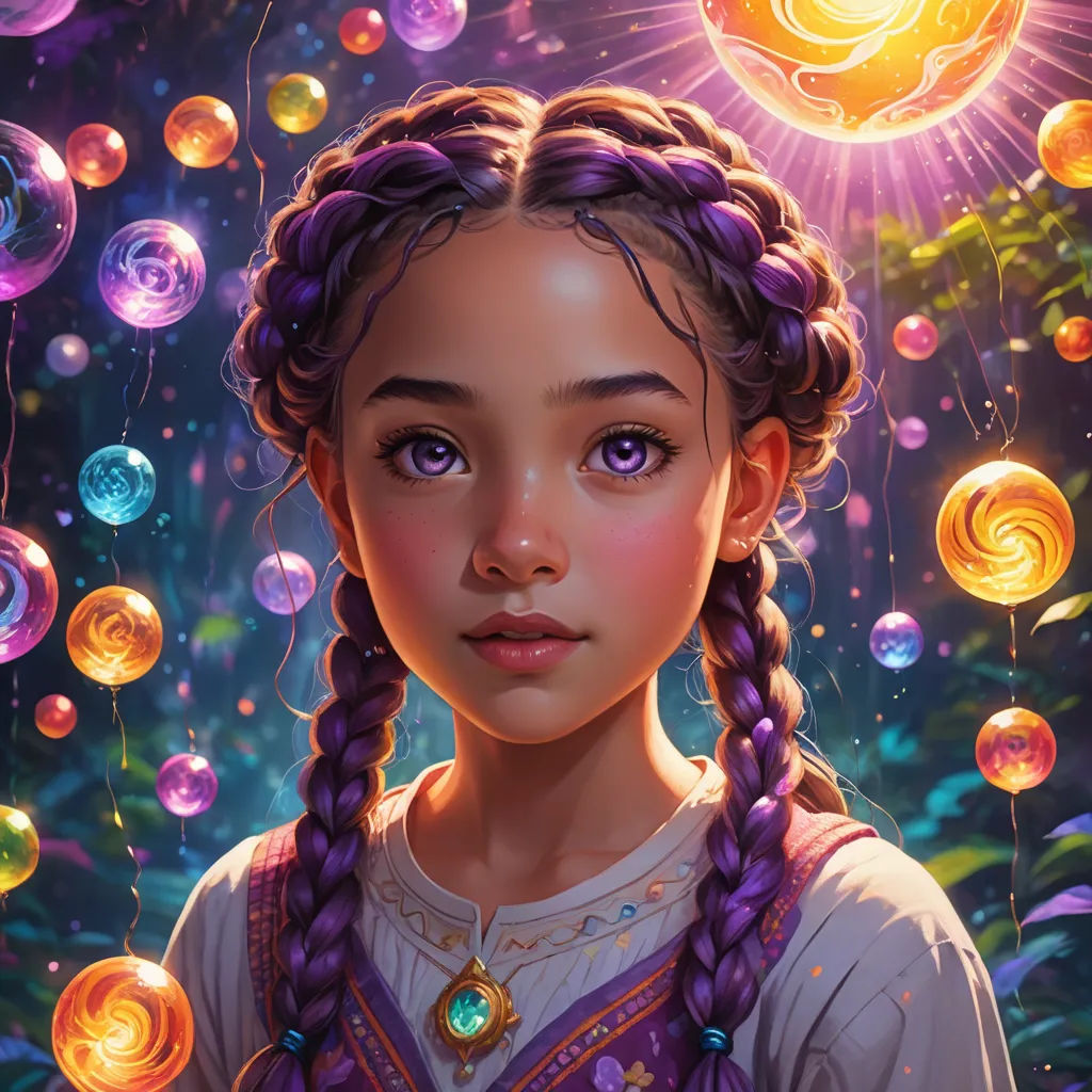 a girl with braids and a necklace in front of a background of bubbles and a sun with a halo, fantasy art, a detailed painting, Donato Giancola, rossdraws global illumination
