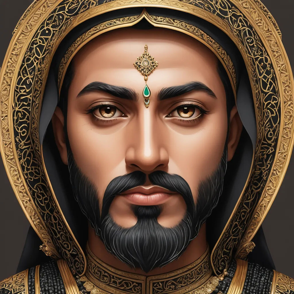 a man with a beard and a gold crown on his head, wearing a gold and black outfit with a green jewel, qajar art, a character portrait, Altoon Sultan, highly detailed digital painting