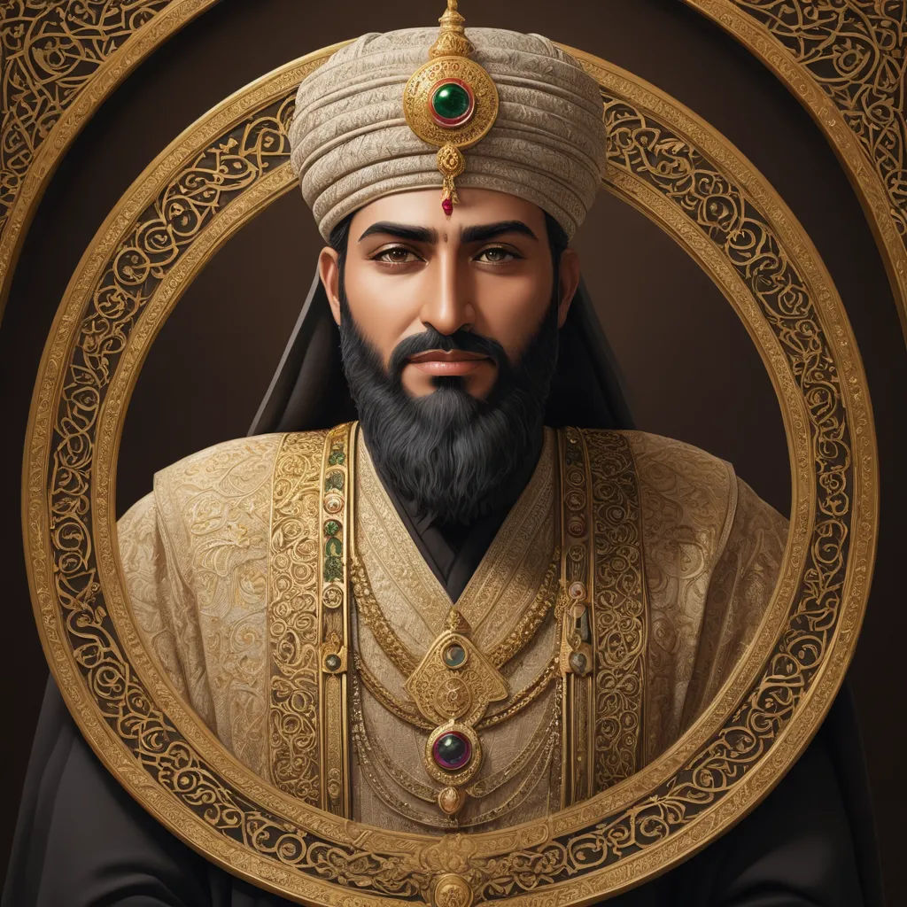a man in a turban and a beard in a golden frame with a green jewel in his hand, digital art, a detailed painting, Altoon Sultan, detailed painting