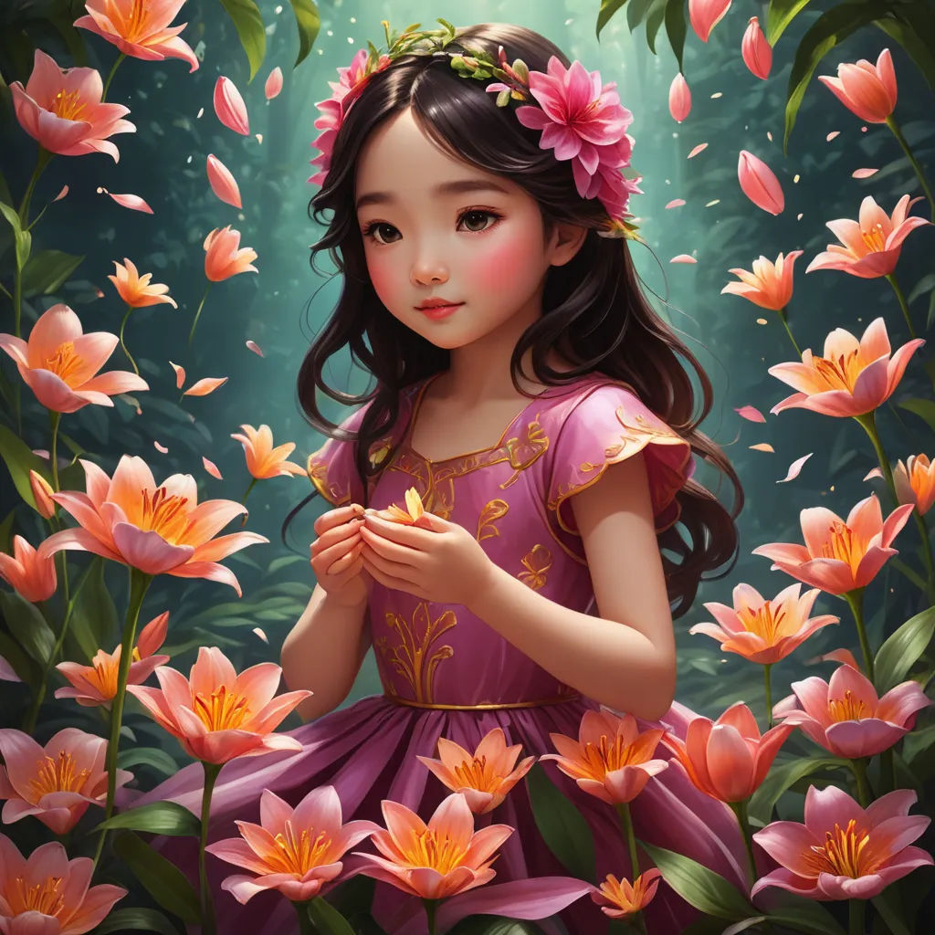 a painting of a little girl in a purple dress surrounded by flowers and leaves, holding a flower in her hand, fantasy art, a detailed painting, Chen Lin, highly detailed digital painting