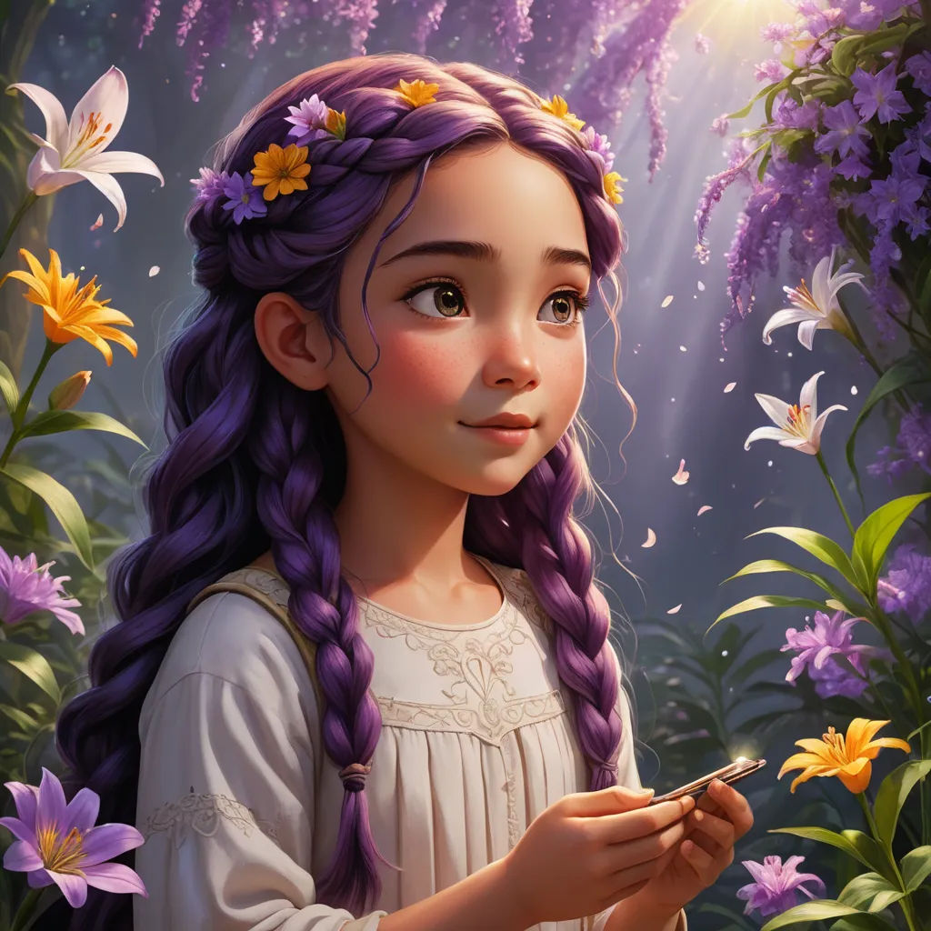 a painting of a girl with purple hair and braids holding a cell phone in a field of flowers, fantasy art, a storybook illustration, Alice Prin, rossdraws global illumination