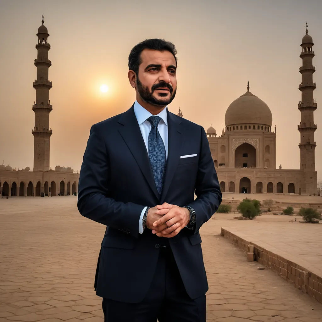 a man in a suit standing in front of a building with a sunset in the background and a person in the foreground, dau-al-set, a character portrait, Altoon Sultan, promotional image