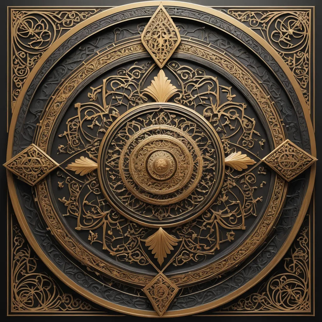 a decorative gold and black wall panel with a circular design on it's side, with a gold and black border, sumatraism, a bronze sculpture, Daryush Shokof, ornate