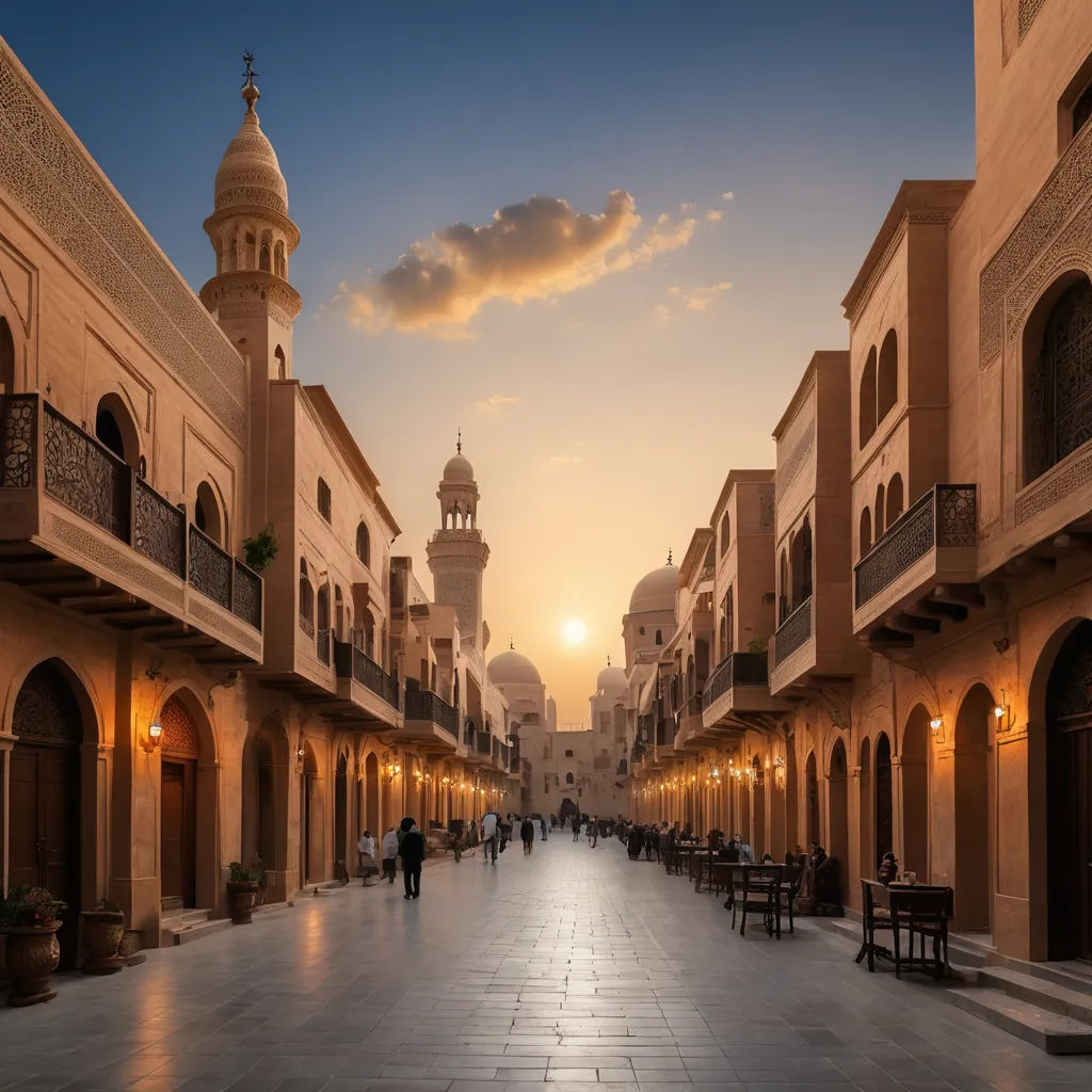 a street with a few people walking on it and a building with a dome on top of it and a few buildings with a clock tower, dau-al-set, egyptian art, Altoon Sultan, orientalism