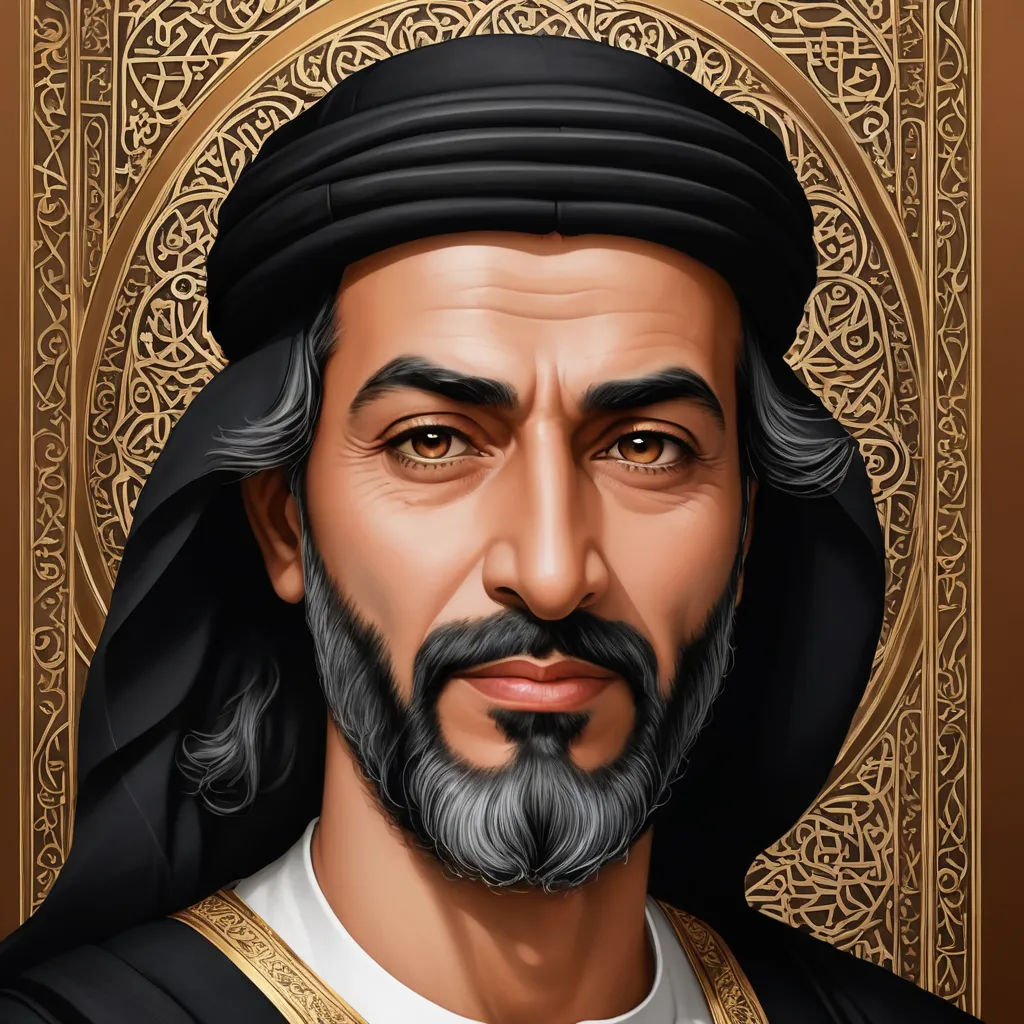 a painting of a man with a beard and a beard wearing a black outfit and a gold trimming, hurufiyya, a character portrait, Ahmed Karahisari, digital portrait