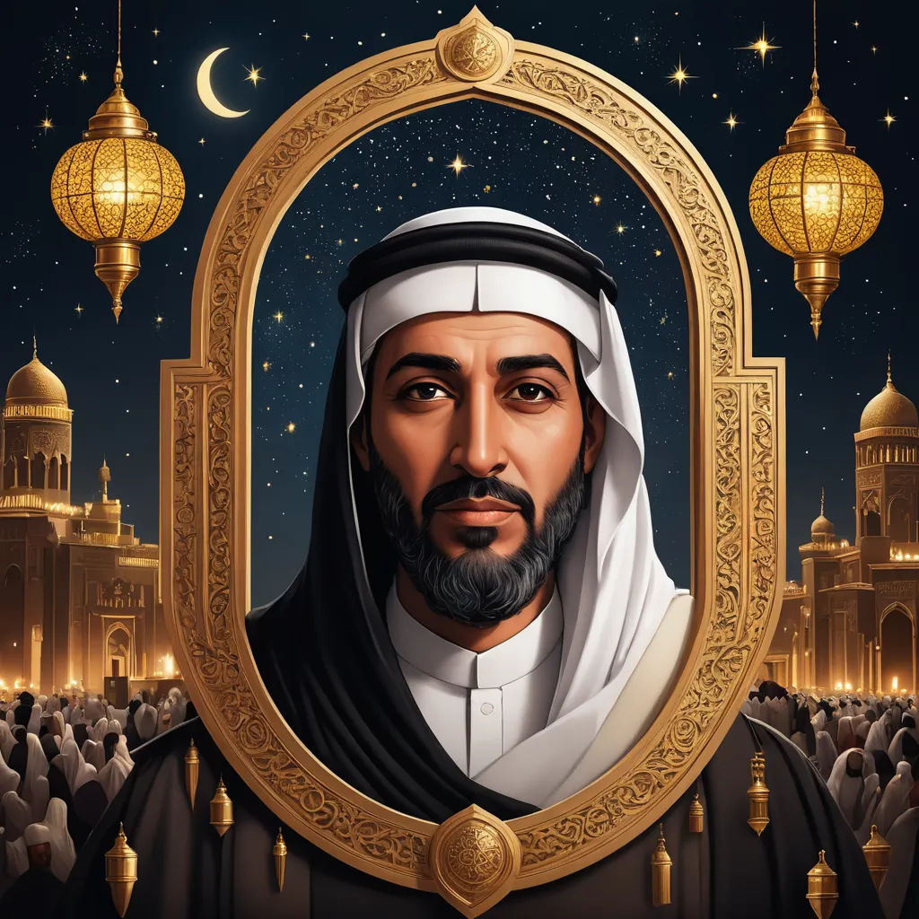 a painting of a man in a black robe and a white beard with a golden frame around him and a city in the background, hurufiyya, a character portrait, Altoon Sultan, behance hd