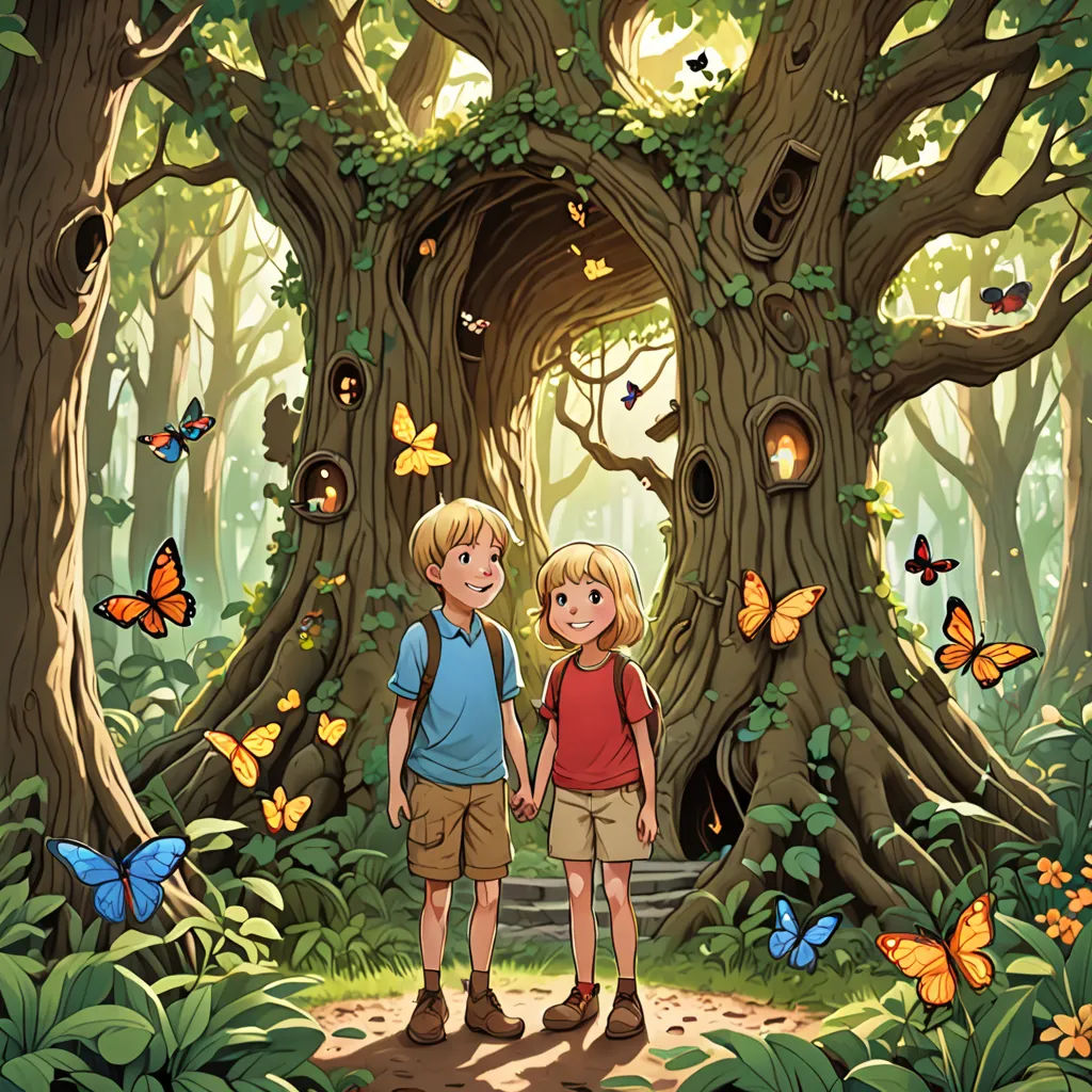 a couple of kids standing in front of a tree with butterflies flying around it and a butterfly house in the background, magical realism, a storybook illustration, Diego Gisbert Llorens, storybook illustration