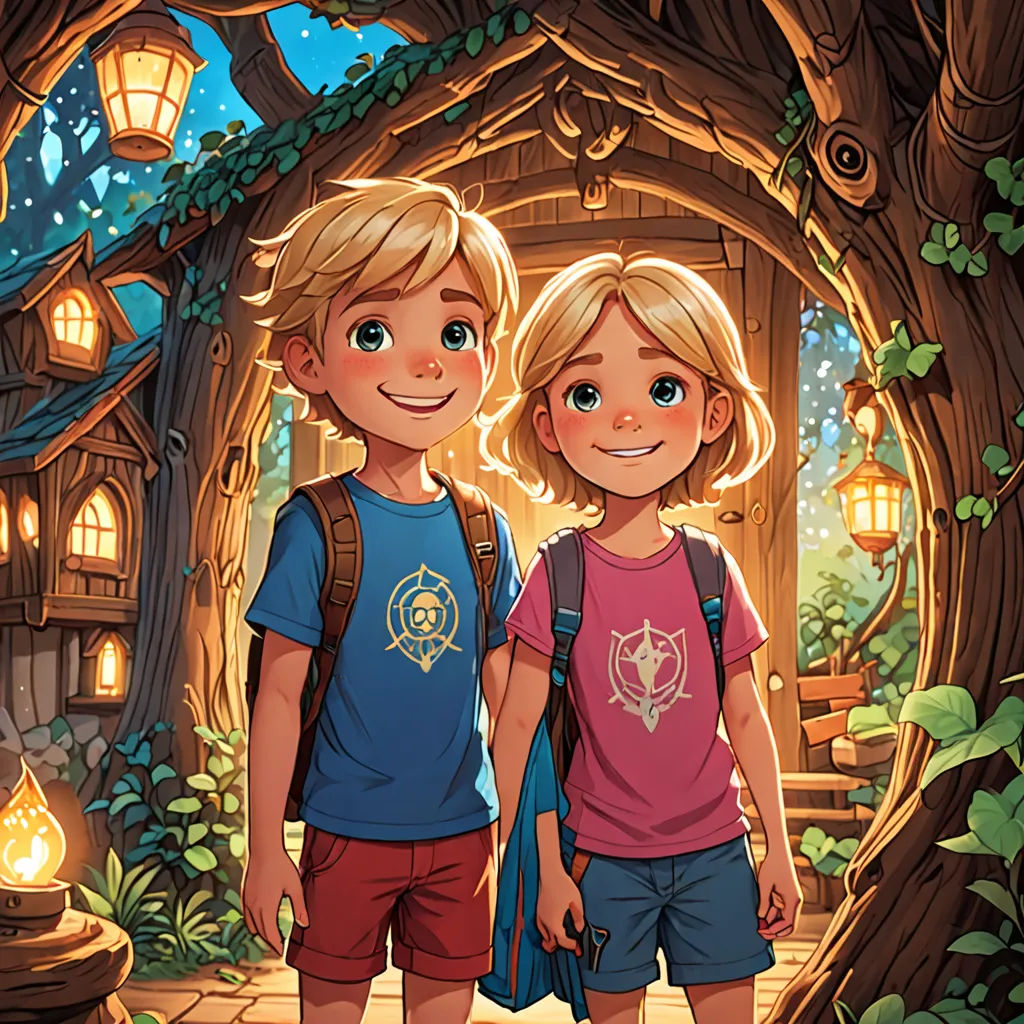 a couple of kids standing next to each other in front of a tree house with a lantern on it, fantasy art, a storybook illustration, Cliff Childs, rossdraws global illumination
