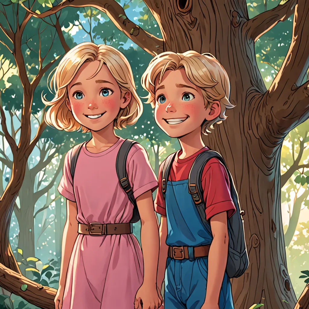a couple of kids standing next to a tree in a forest with a backpack on their shoulders and a backpack on their shoulder, fantasy art, a storybook illustration, Brothers Hildebrandt, rossdraws global illumination
