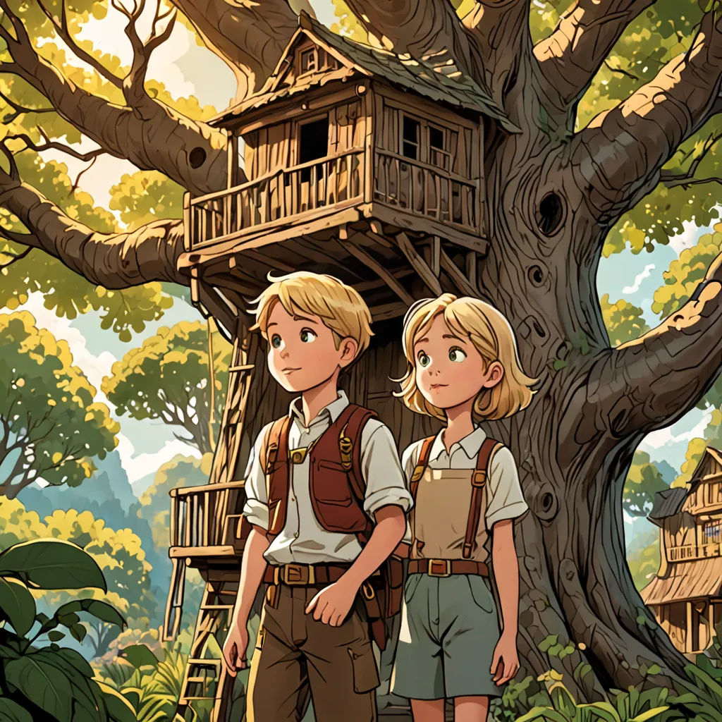 a couple of people standing in front of a tree house in the woods with a tree in the background, fantasy art, a storybook illustration, Cliff Childs, rossdraws global illumination