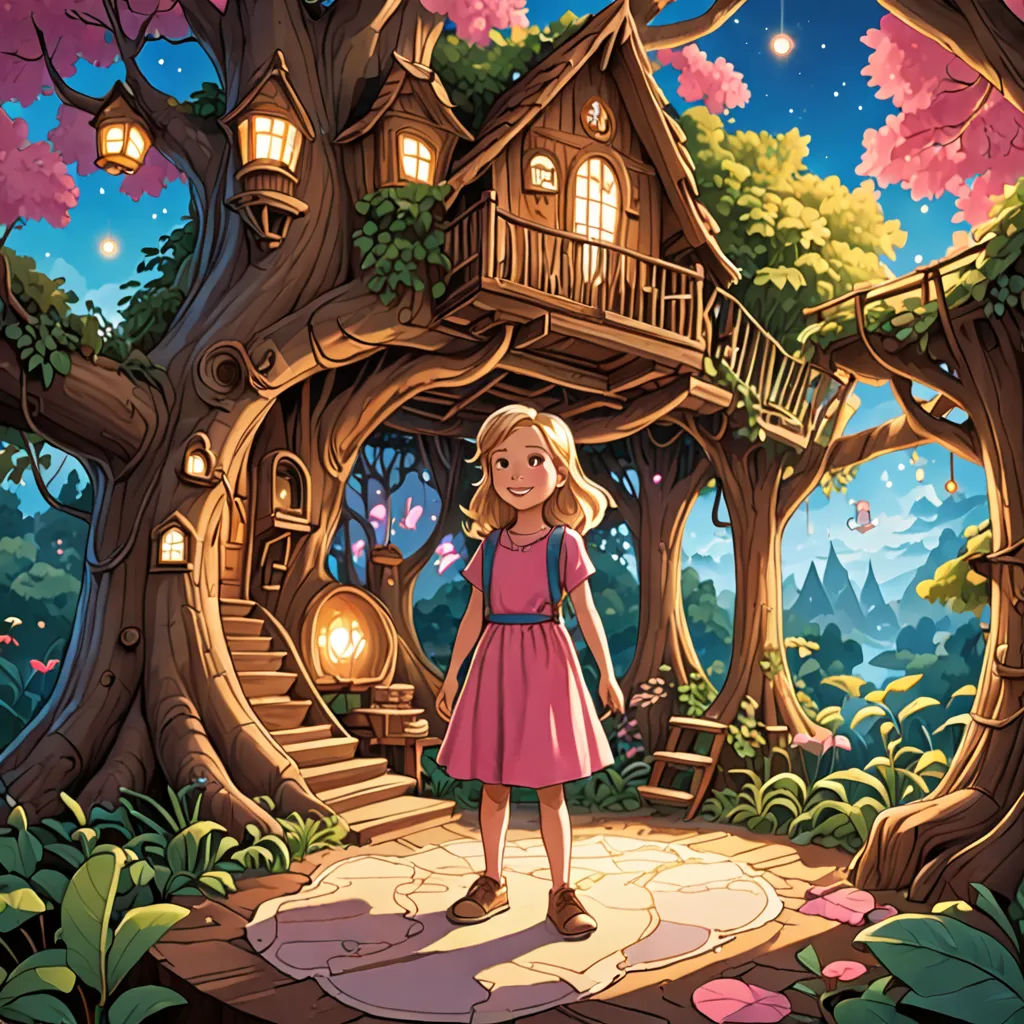 a girl standing in front of a tree house with a staircase to the roof and a tree trunk with a staircase to the top, fantasy art, a storybook illustration, Chris LaBrooy, storybook illustration