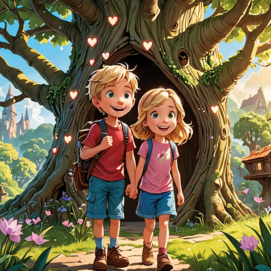a couple of kids standing next to a tree in a forest with a heart shaped hole in the trunk, fantasy art, a storybook illustration, Chris LaBrooy, rossdraws global illumination