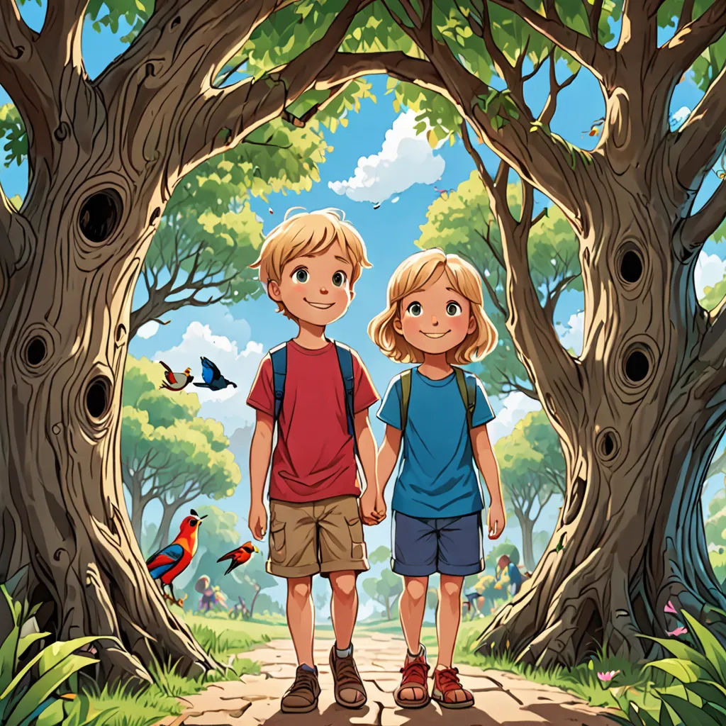 a couple of kids standing in front of a tree tunnel with birds flying around them and a bird flying above them, lyco art, a storybook illustration, Diego Gisbert Llorens, promotional image