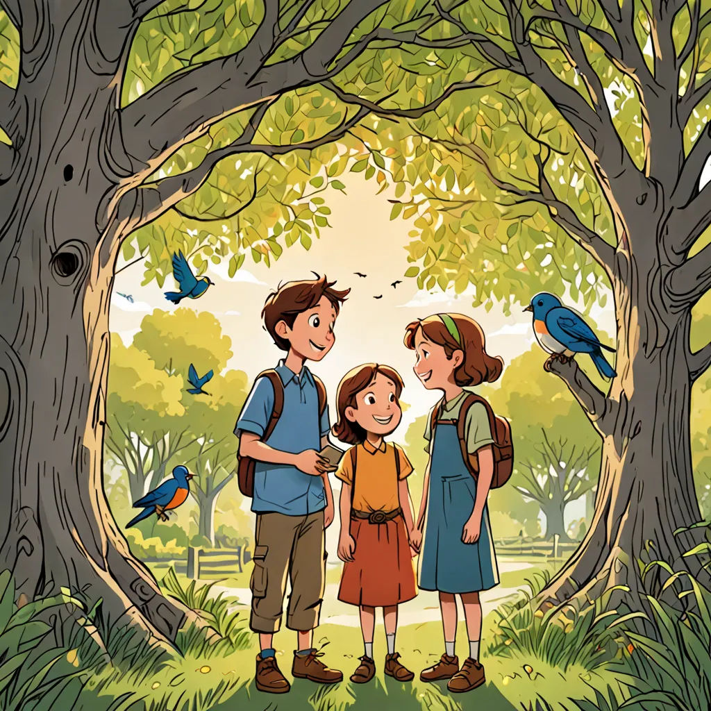 a family of three standing in a forest with birds flying around them and a bird on the tree trunk, process art, a storybook illustration, David Brewster, book cover