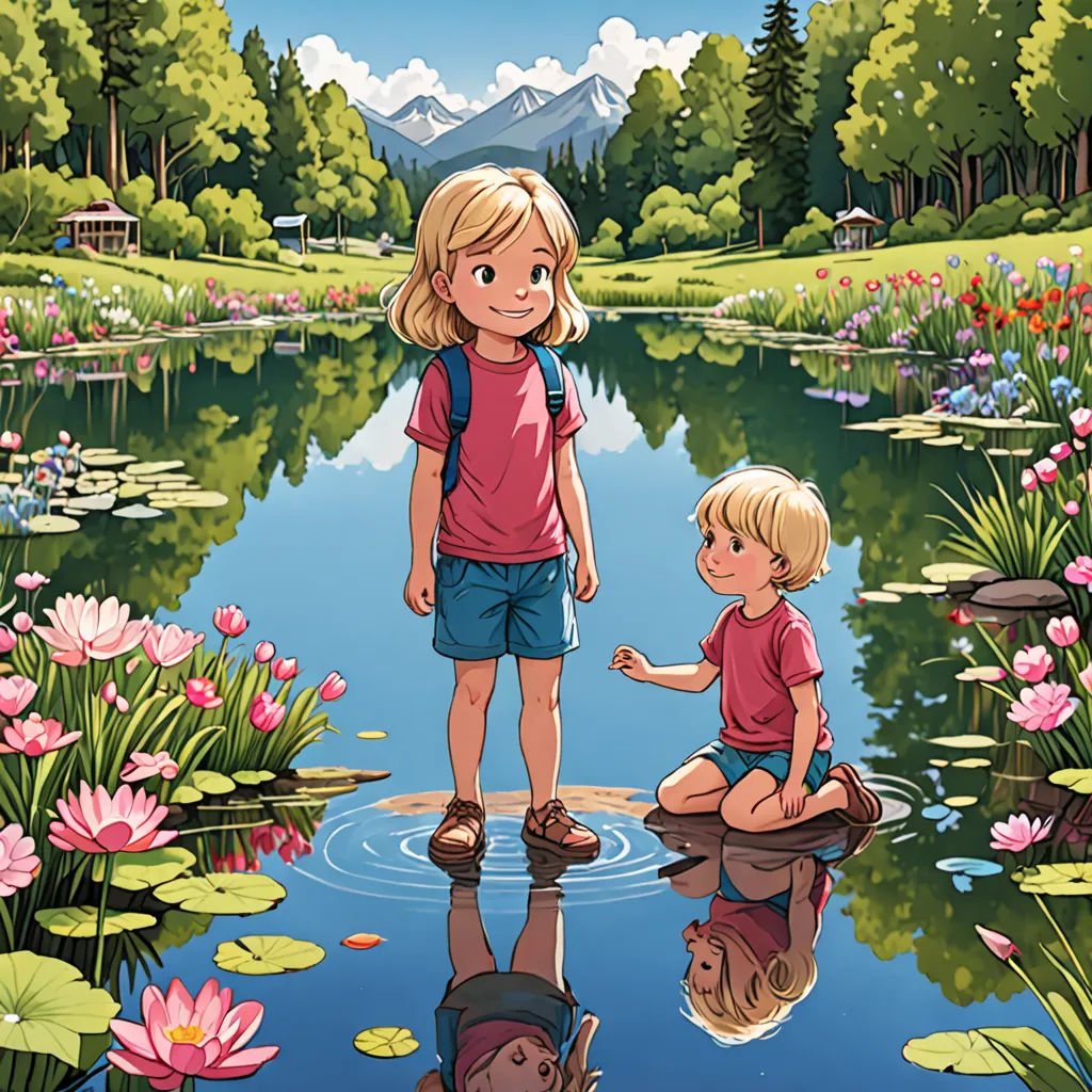 a boy and a girl are standing in a pond with lily pads and a mountain in the background with a reflection, art & language, a storybook illustration, Diego Gisbert Llorens, official art