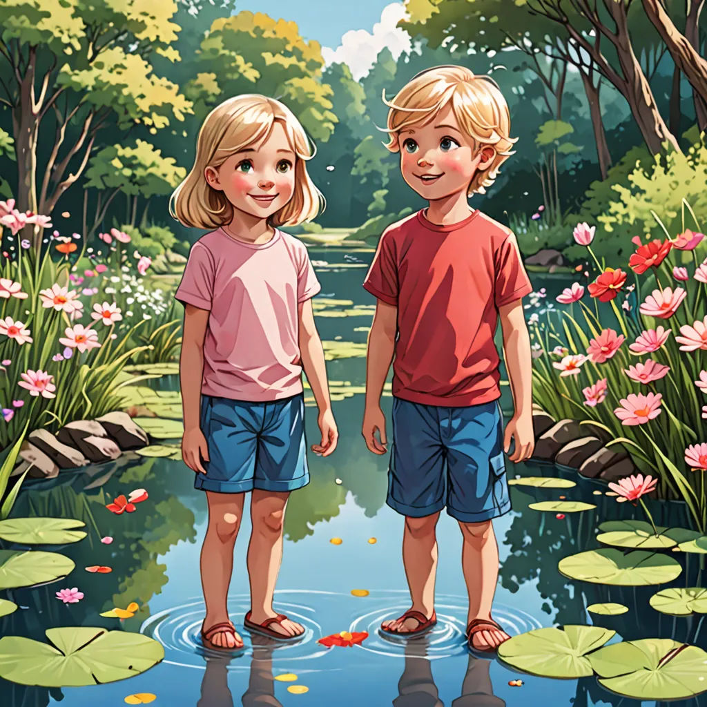 two children standing in a pond with lily pads and a pond of water lillies in the background, with a pond of water lillies in the foreground, magic realism, a storybook illustration, Diego Gisbert Llorens, storybook illustration