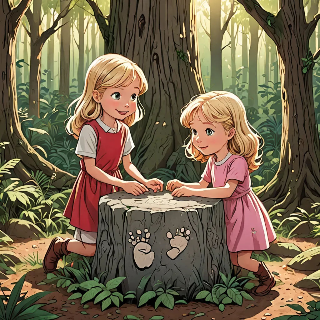 two little girls are playing with a tree stump in the woods with footprints on it and a bear paw print on the stump, furry art, a storybook illustration, Brothers Hildebrandt, rossdraws global illumination