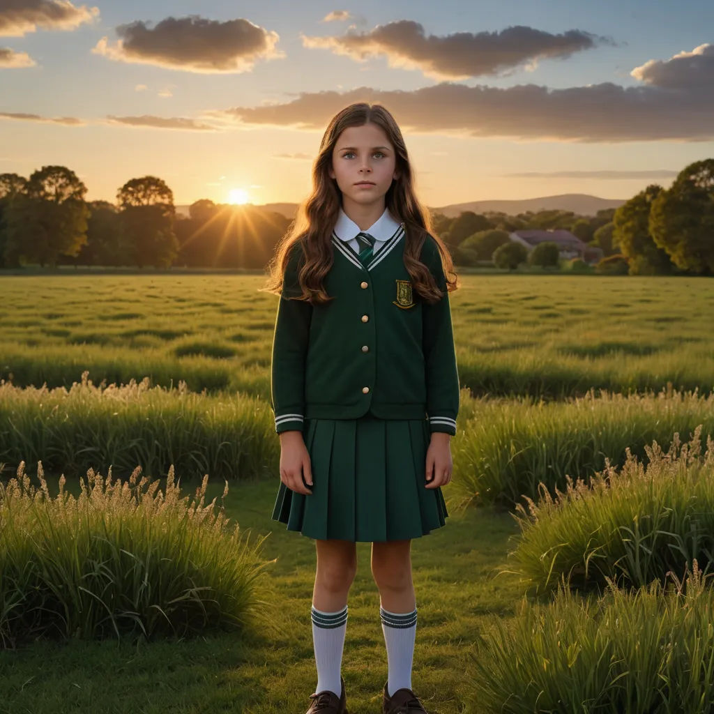 a girl in a green dress standing in a field at sunset with a green jacket on and a green skirt on, magical realism, a poster, Clarice Beckett, promotional image