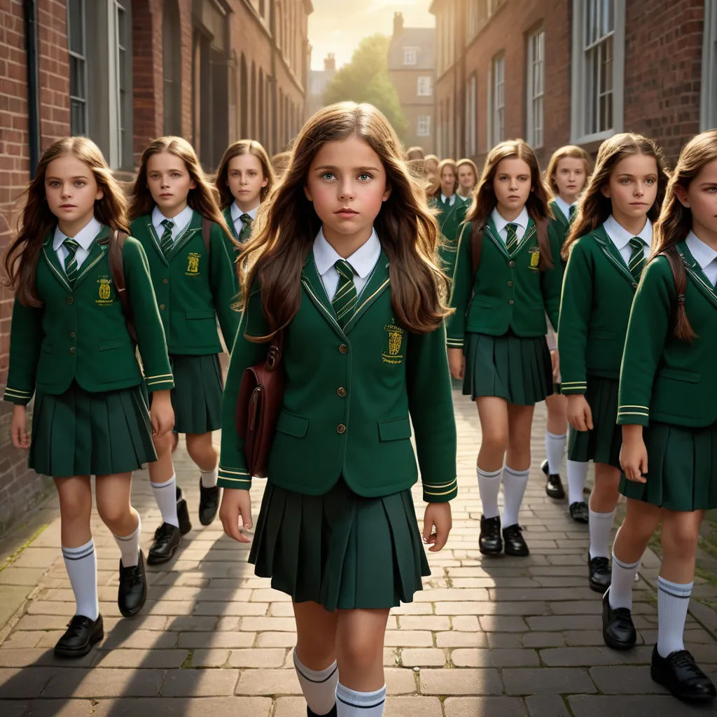 a group of girls in green uniforms walking down a street together in school uniforms and carrying a purse in each hand, antipodeans, a poster, Christabel Dennison, promotional image