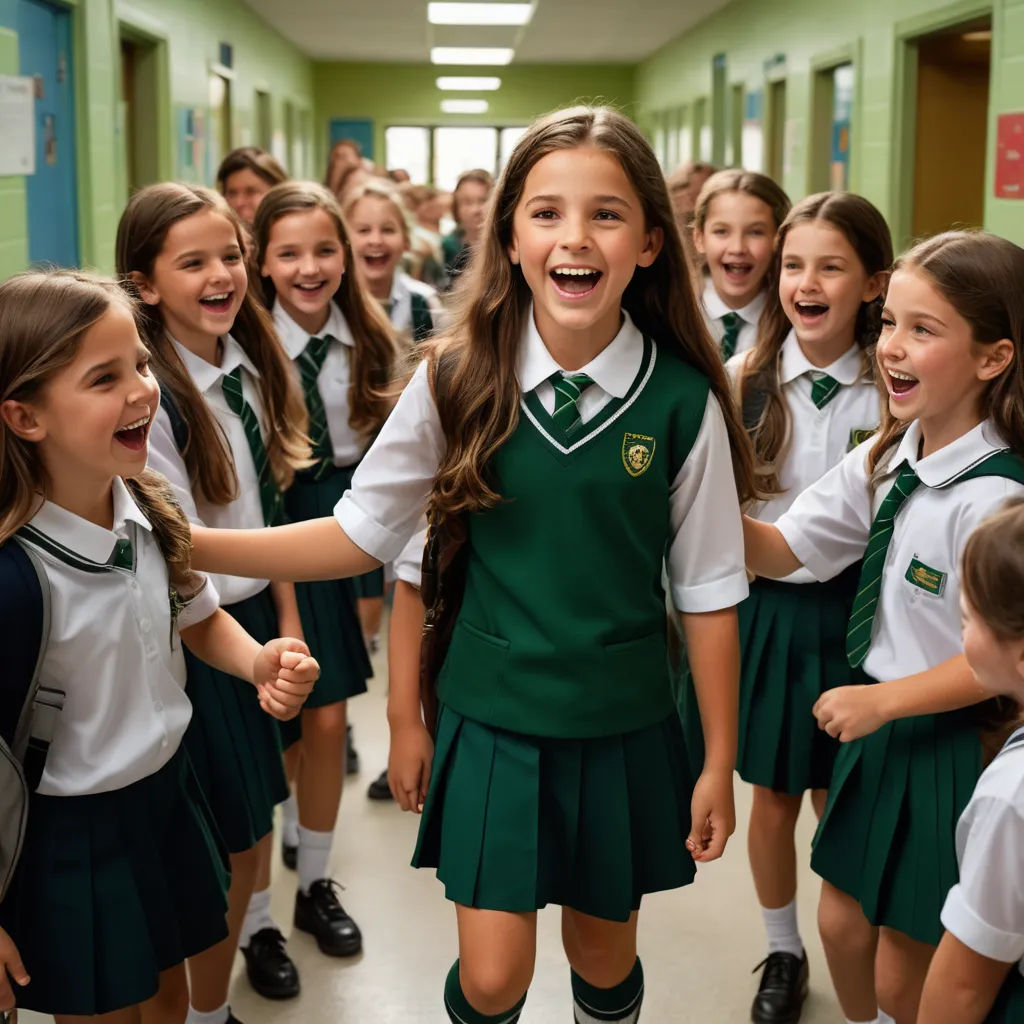 a group of girls in school uniforms standing in a hallway with their hands in the air and smiling at the camera, danube school, a poster, Eva Gonzalès, promotional image