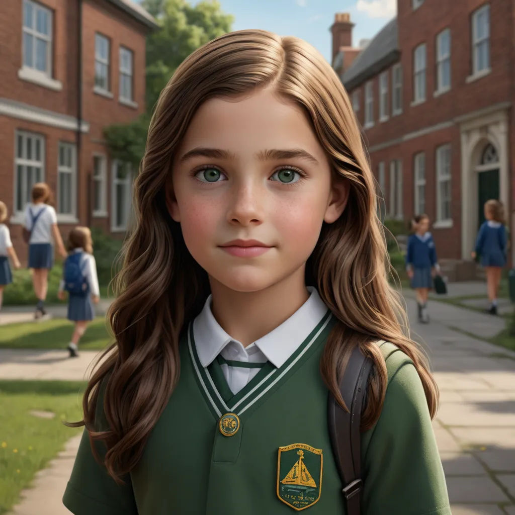 a girl in a green school uniform standing in front of a building with a group of children in the background, photorealism, a computer rendering, Charlotte Harding, cgstudio
