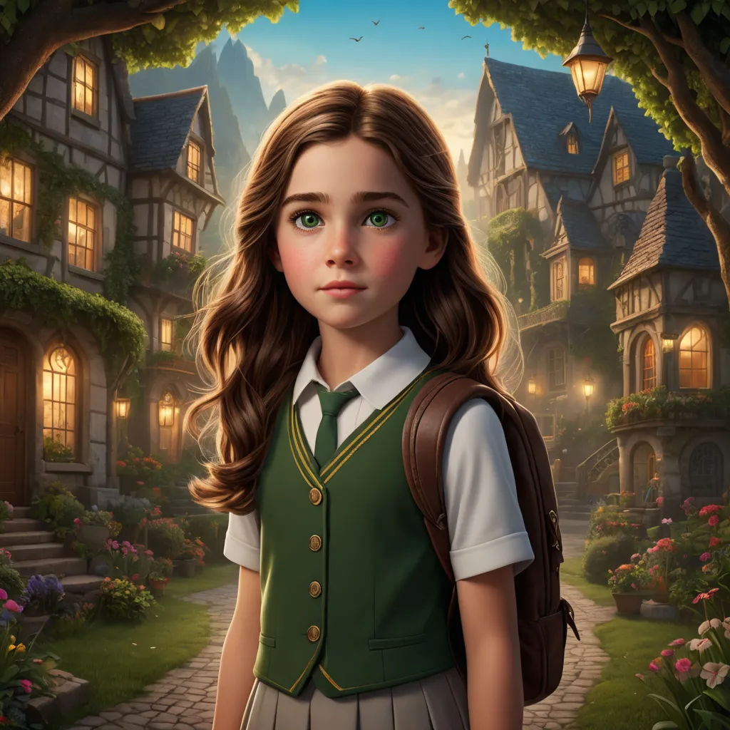 a girl in a green vest and a brown backpack standing in front of a house with a light on, magical realism, a storybook illustration, Clarice Beckett, kinkade