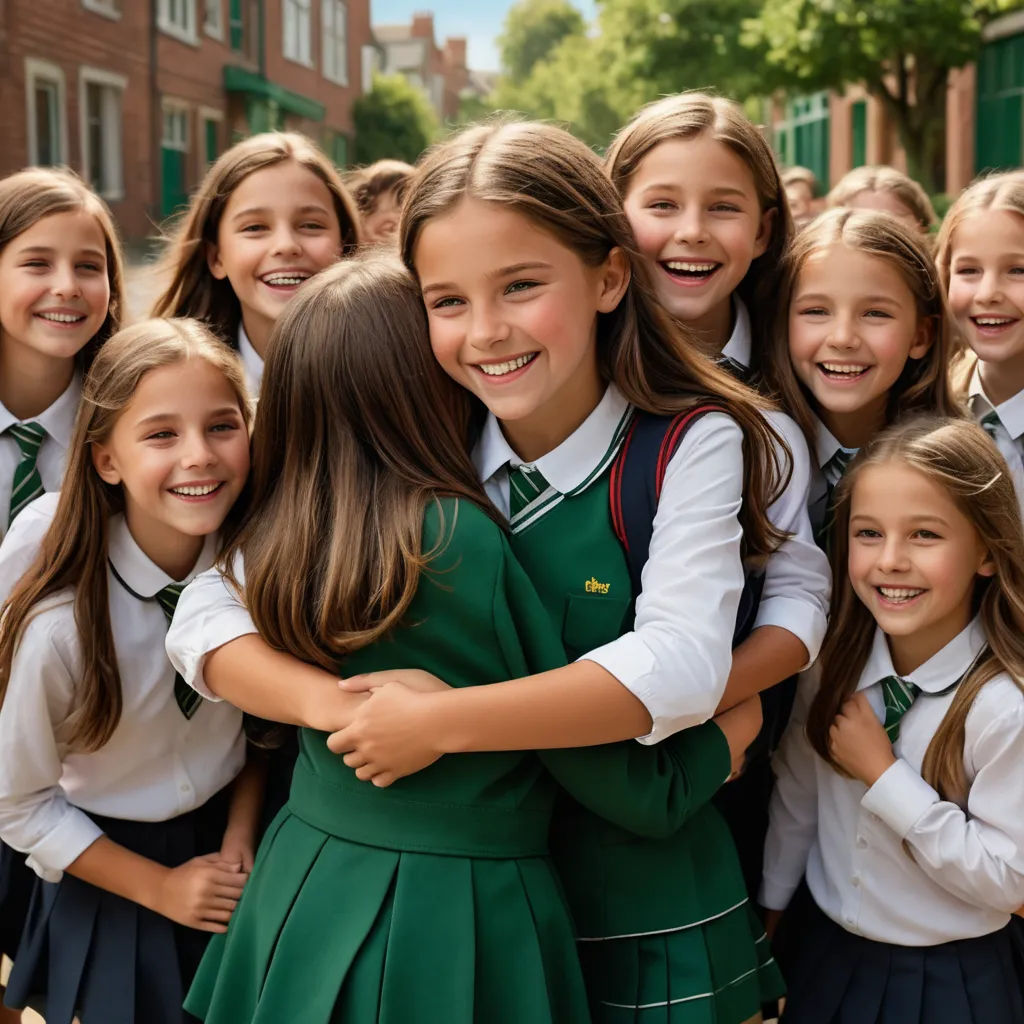 a group of girls in school uniforms hugging each other in a group photo with a brick building in the background, heidelberg school, a stock photo, Claire Falkenstein, girl
