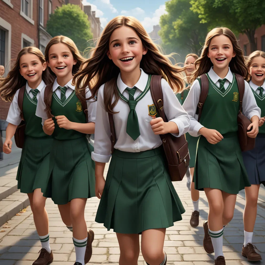 a group of girls in school uniforms walking down a street together, with one girl in the middle of the group, fantastic realism, a detailed matte painting, Bob Byerley, official art