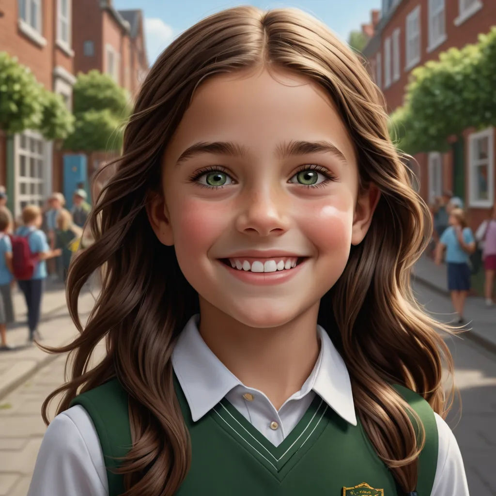 a digital painting of a girl in a school uniform smiling at the camera with a crowd of people in the background, hyperrealism, a photorealistic painting, Constance Gordon-Cumming, ultra realistic digital art
