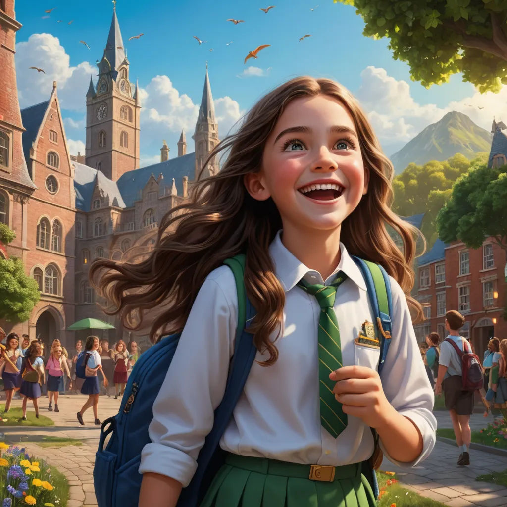 a painting of a girl in a school uniform smiling and holding a backpack in front of a building with a clock tower, fantasy art, a storybook illustration, Chris LaBrooy, kinkade