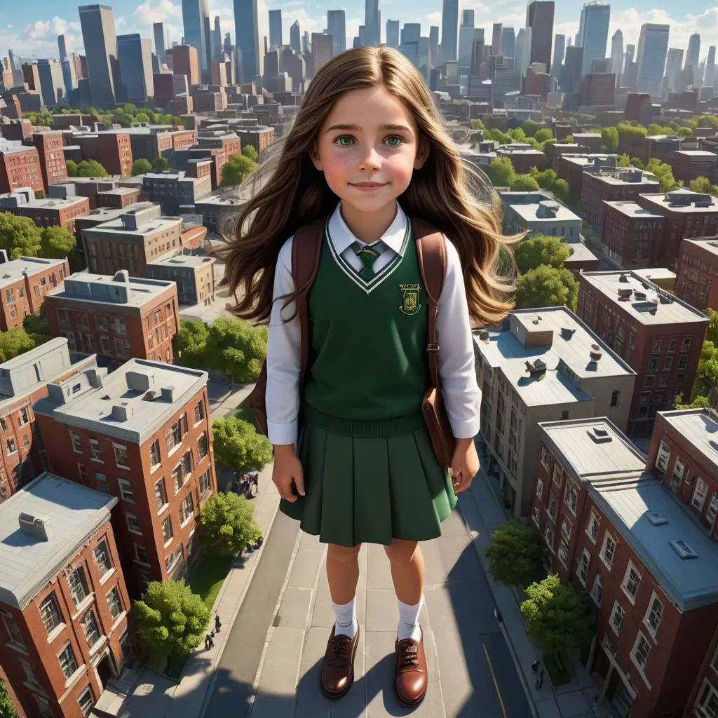 a girl in a green dress standing on a roof with a city in the background and a building in the foreground, photorealism, a hyperrealistic painting, Cliff Childs, unreal engine highly rendered
