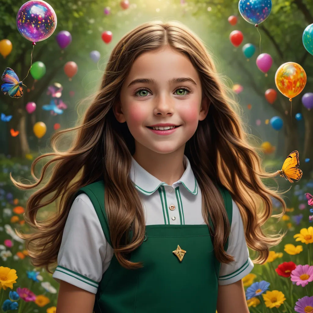 a painting of a girl with long hair and green overalls in a field of flowers and balloons with a butterfly, fantastic realism, a photorealistic painting, Brad Kunkle, highly detailed digital painting