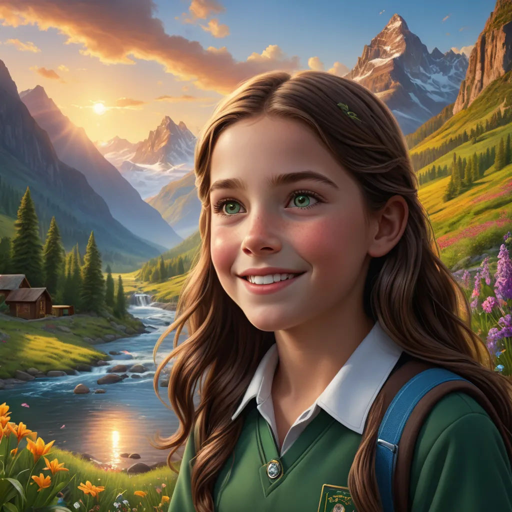 a painting of a girl with a backpack in a mountain valley with flowers and a stream in the background, fantastic realism, computer graphics, Bob Byerley, kinkade