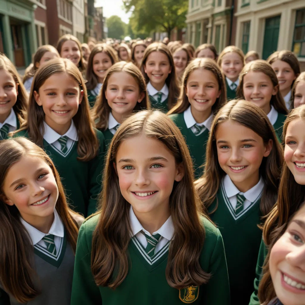 a group of girls in green school uniforms posing for a picture together in front of a building with a green door, antipodeans, a flemish Baroque, Celia Fiennes, promotional image