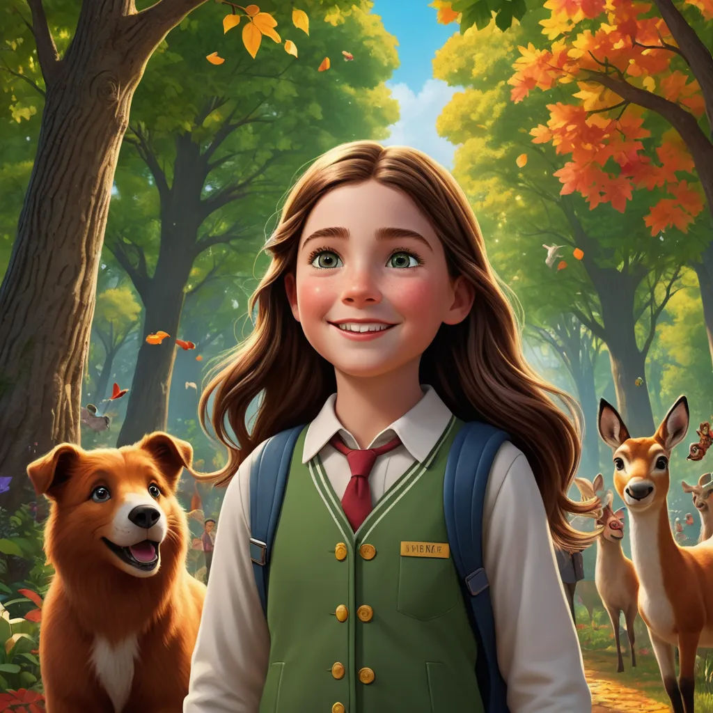 a girl in a school uniform standing next to a dog in a forest with trees and leaves on the ground, furry art, a character portrait, Clarice Beckett, promotional image