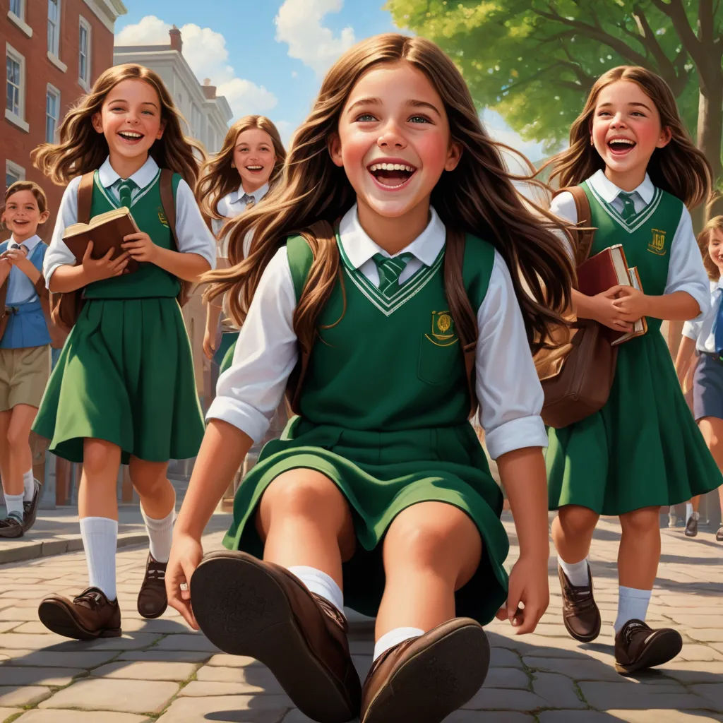 a painting of a girl sitting on the ground with other girls in the background smiling and laughing in school uniforms, fantastic realism, a detailed painting, Bob Byerley, official art