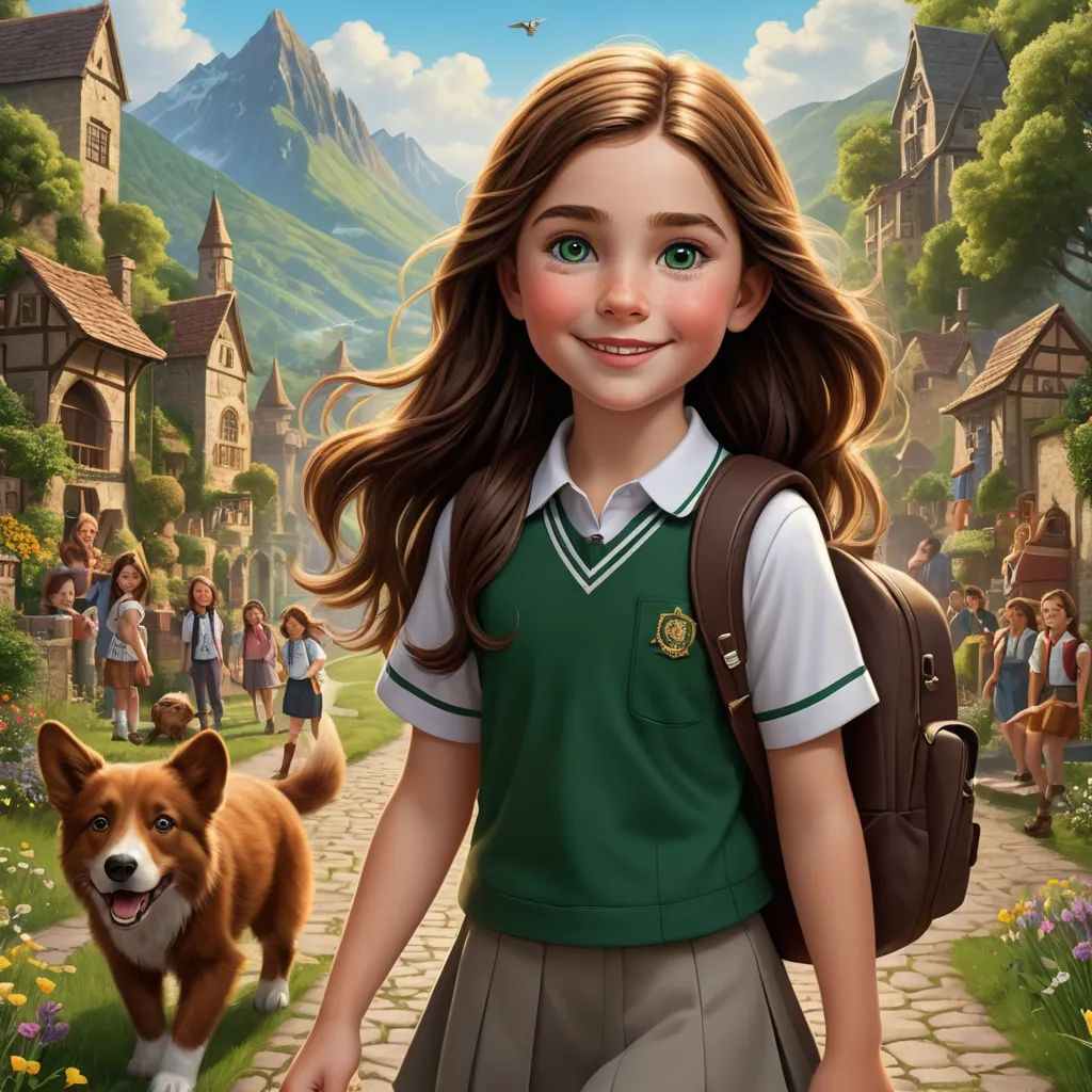 a girl with a backpack and a dog in a cartoon scene with a mountain and a village in the background, fantasy art, a storybook illustration, Anne Stokes, kinkade