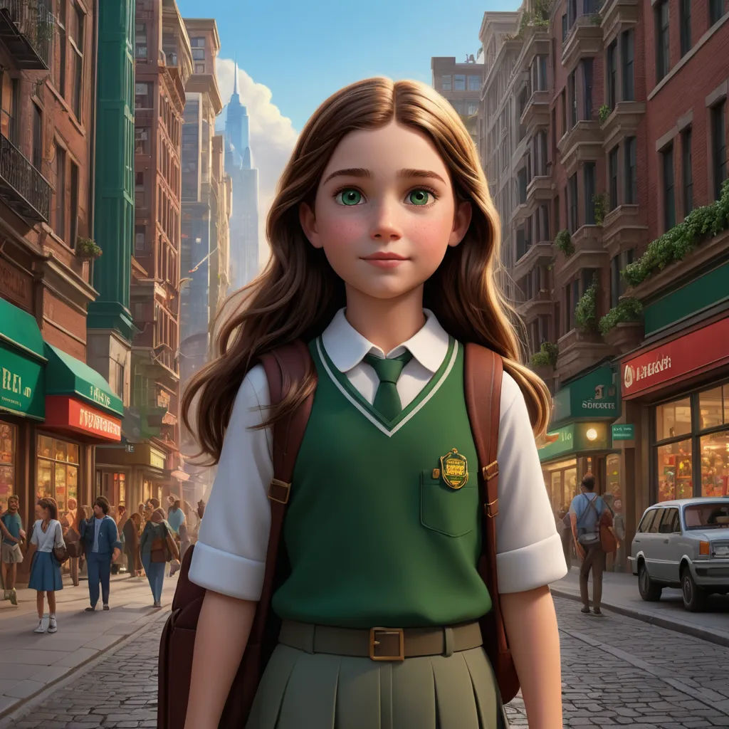 a girl in a green school uniform is standing on a street corner with a backpack on her shoulder and a backpack on her shoulder, fantastic realism, a detailed matte painting, Clarice Beckett, promotional image