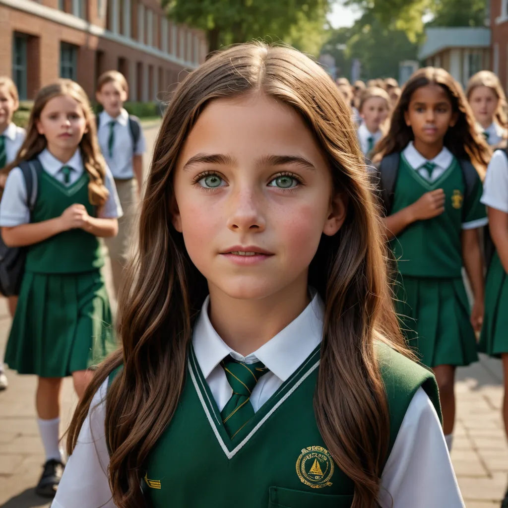 a group of girls in green uniforms standing in a line in front of a building with a brick wall, heidelberg school, a poster, Elke Vogelsang, promotional image