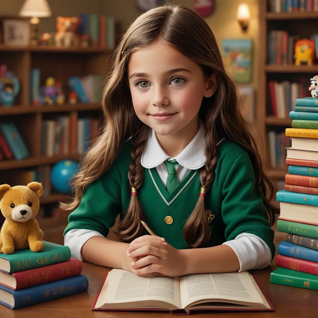 a girl sitting at a table with a teddy bear and books in front of her and a teddy bear on the table, photorealism, a storybook illustration, Bob Byerley, promotional image