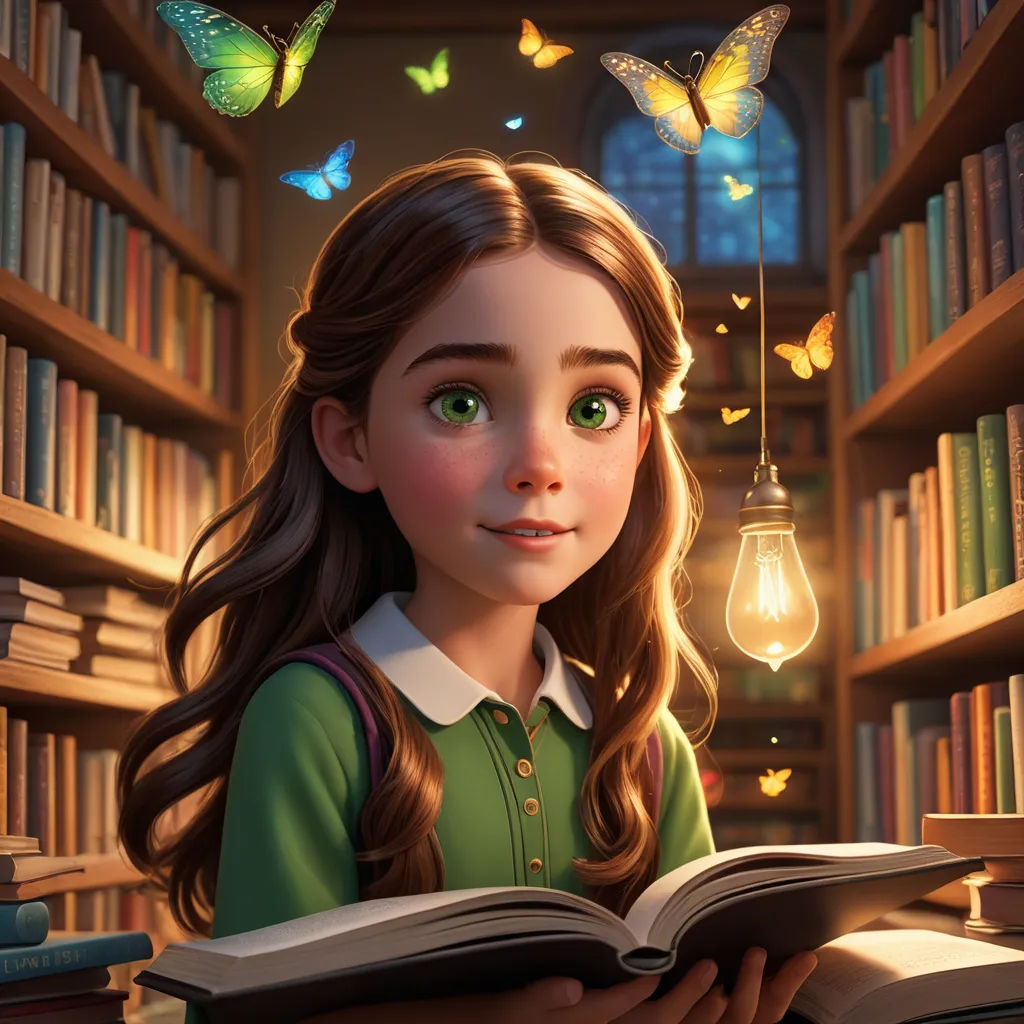a girl reading a book in a library with butterflies flying around her head and a light bulb hanging from the ceiling, fantasy art, a storybook illustration, Clarice Beckett, rossdraws global illumination