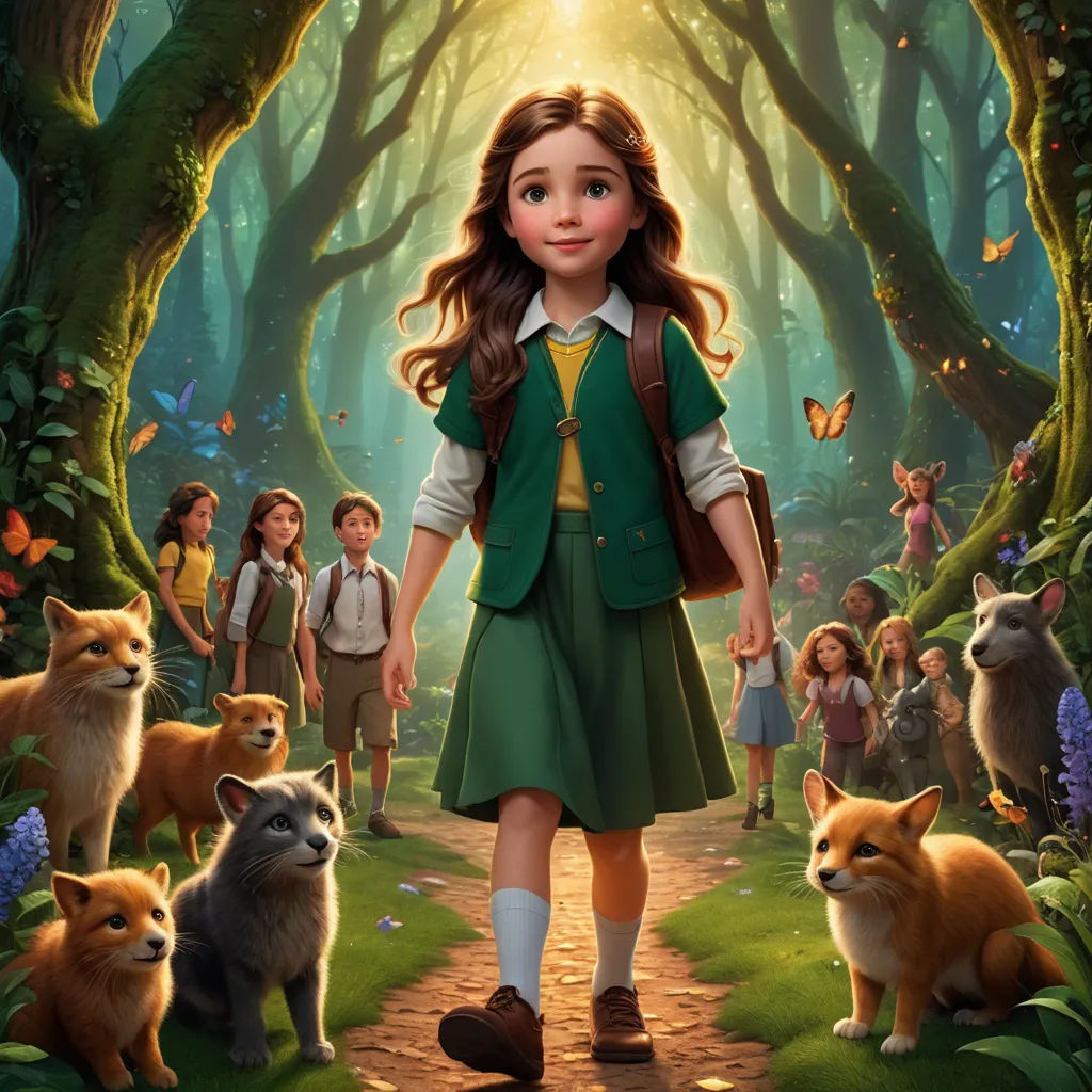 a girl in a green dress and a group of animals in a forest with a light shining on her, magical realism, a storybook illustration, Alice Prin, promotional image