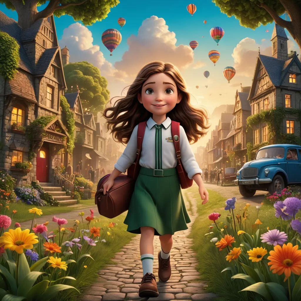a girl in a green skirt and white shirt walking down a street with a backpack and a bag on her shoulder, magical realism, a detailed matte painting, Cliff Childs, promotional image