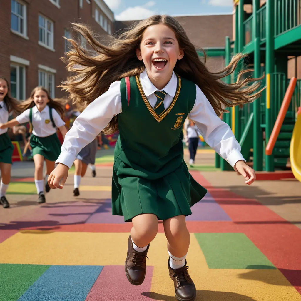 a girl in a school uniform running on a playground with her hair in the air and smiling at the camera, danube school, a stock photo, Christian Hilfgott Brand, promotional image