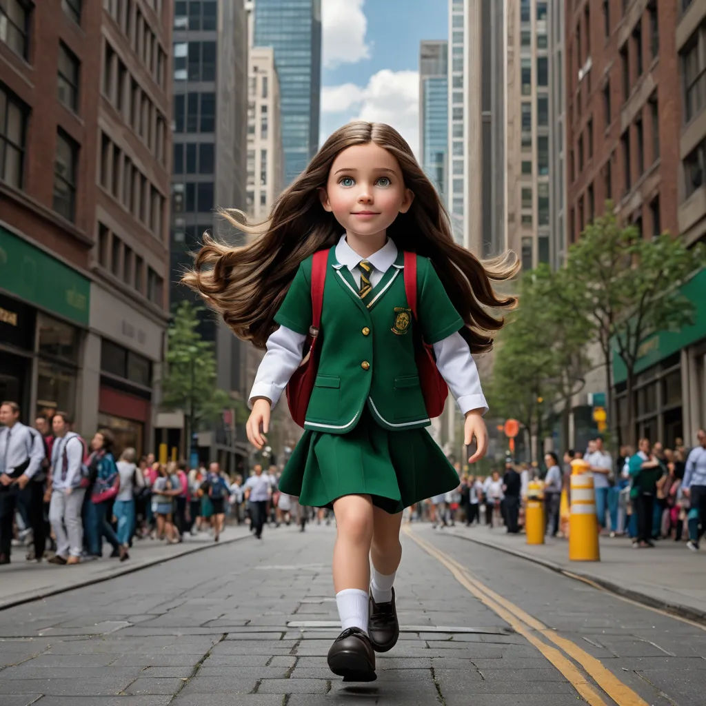 a doll dressed in a school uniform is walking down the street with a backpack on her back and long hair in the wind, hyperrealism, a digital rendering, Charles McAuley, promotional image