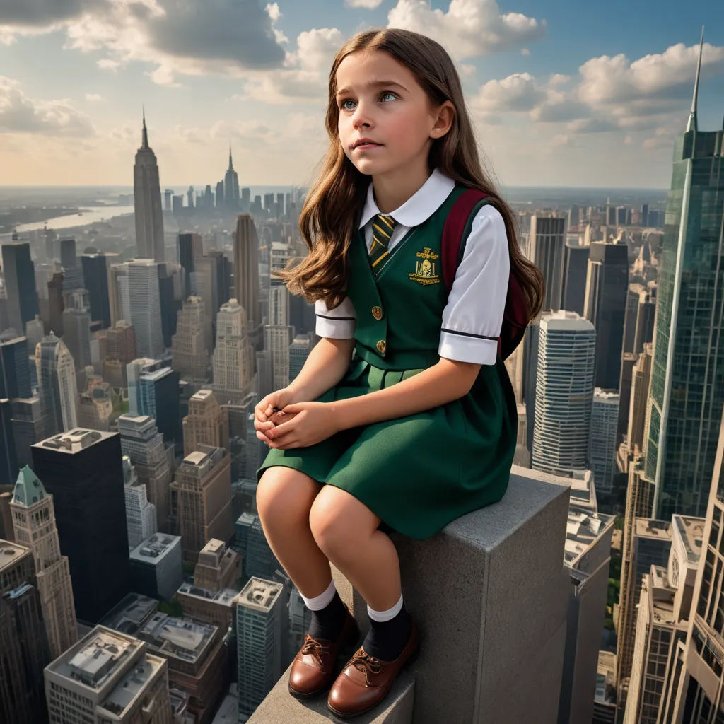 a young girl sitting on top of a tall building in a city with a view of the city below, paris school, a detailed matte painting, Christabel Dennison, promotional image