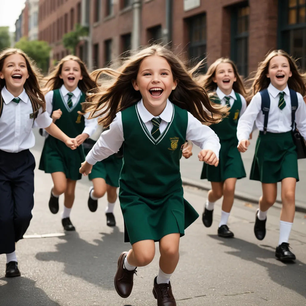 a group of young girls running down a street together in school uniforms and holding hands in the air,, heidelberg school, a stock photo, Christian Hilfgott Brand, promotional image