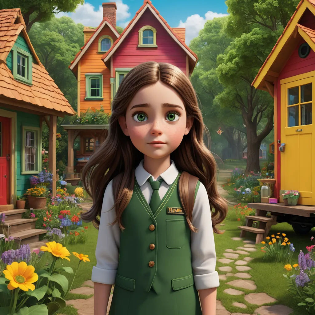 a girl in a green dress standing in front of a house with flowers and a path leading to it, american scene painting, a storybook illustration, Clarice Beckett, promotional image